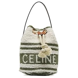 Céline-Celine White Teen Plein Soleil Canvas Drawstring Bucket Bag-White,Green