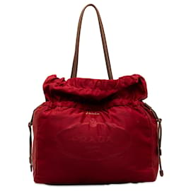 Prada-Prada Red Logo Tessuto Drawstring Tote Bag-Red