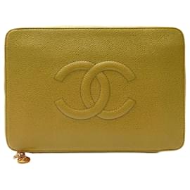 Chanel-VINTAGE CHANEL ORGANIZADOR ZIP CARTEIRA CC LOGOTIPO CAVIAR COURO-Amarelo