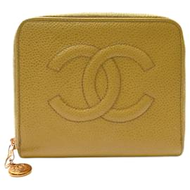 Chanel-CARTEIRA VINTAGE PEQUENA CHANEL ZIP CARTÕES DE COURO CC LOGOTIPO CARTEIRA CAVIAR-Amarelo