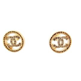 Chanel-NEUF BOUCLES D'OREILLES CHANEL LOGO CC STRASS EN METAL DORE GOLDEN EARRING-Doré