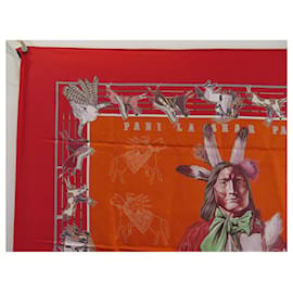 Hermès-NEW HERMES PANI LA SHAR PAWNEE INDIAN lined SIDED SQUARE SCARF 90 SCARF-Red