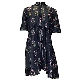 Autre Marque-Giambattista Valli Black / Pink Multi Floral Printed Short Sleeved Sheer Cotton Dress-Multiple colors