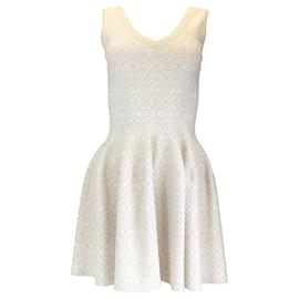 Autre Marque-Alaia White / Beige Metallic Sleeveless V-Neck Flared Knit Dress-Beige