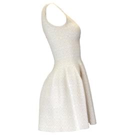 Autre Marque-Alaia White / Beige Metallic Sleeveless V-Neck Flared Knit Dress-Beige