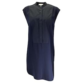 Autre Marque-3.1 Phillip Lim Navy Blue Silk Trimmed Button-down Cotton Midi Dress-Blue