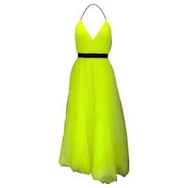 Autre Marque-Alice + Olivia Neon Yellow / Black Mesh Tulle Long Halterneck Dress-Yellow