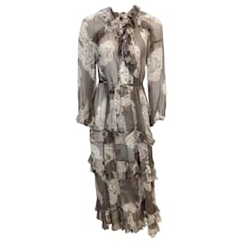 Autre Marque-Zimmermann Grey / White Paisley Printed Ruffled Belted Long Sleeved Silk Midi Dress-Grey