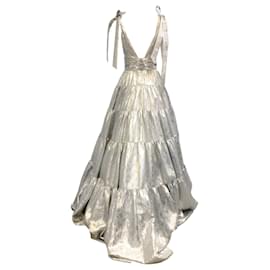 Autre Marque-Carolina Herrera Silver Metallic Sleeveless V-Neck Tiered Gown / formal dress-Silvery