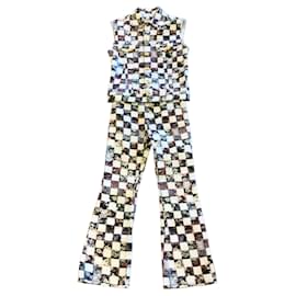 Autre Marque-Giambattista Valli White / Black Multi Checkered Floral Print Denim Vest and Jeans Two-Piece Set-Multiple colors