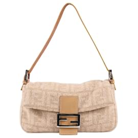 Fendi-Fendi Beige Zucca Wool/Leather Baguette Shoulder Bag-Beige