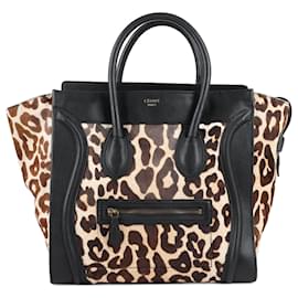 Céline-CELINE Black Leather And Leopard Printed Pony Hair Mini Luggage Bag-Black