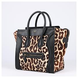 Céline-CELINE Black Leather And Leopard Printed Pony Hair Mini Luggage Bag-Black