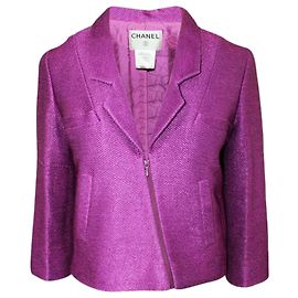 Chanel Vintage Metallic Fuchsia Zip Jacket Spring 2001 Collection Pink