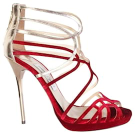 Jimmy Choo-Bunting Red and Silver Caged Heels-Red