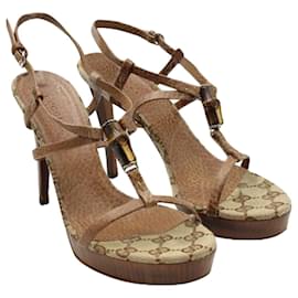 Gucci-leather, Monogram Canvas & Bamboo High Heel Sandals-Brown