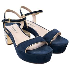 Miu Miu-Embellished Suede Platform Sandals-Blue,Navy blue
