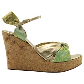 Missoni-Missoni Platform Wedge Sandals in Green Fabric and Gold Leather-Golden