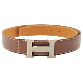 Hermès-Cinturón reversible Hermes Constance en cuero marrón y tostado-Castaño