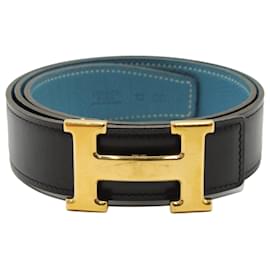 Hermès-Cintura reversibile Hermes Constance in pelle nera e blu-Nero