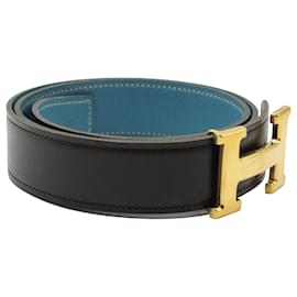 Hermès-Cinturón reversible Hermes Constance en cuero negro y azul-Negro