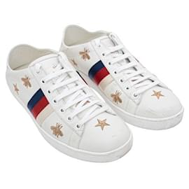Gucci-Embroidered Stars and Bees Ace Sneakers-White