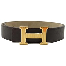 Hermès-Cinturón reversible Hermes Constance en cuero marrón oscuro y verde oliva-Castaño