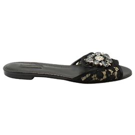 Dolce & Gabbana Black Lace Flat Mules with Flower Crystals Black