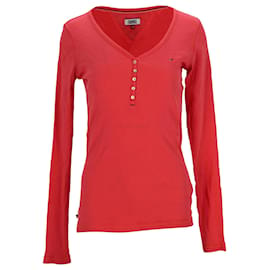 Tommy Hilfiger-Womens Ribbed Cotton Henley Top-Brown,Red
