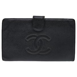 Chanel-CHANEL Long Wallet Caviar Skin Black CC Auth 66860-Black