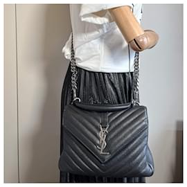 Saint Laurent-College Medium Chevron Quilted Leather 2-Ways Envelope Bag Black-Black