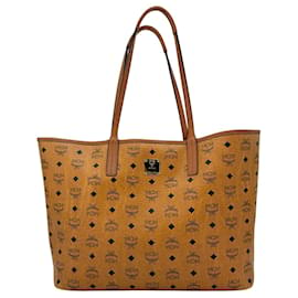 MCM-Sac shopper MCM Visetos, sac réversible cognac avec logo imprimé, sac à main.-Cognac