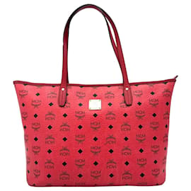 MCM-MCM Top Zip Shopper Bag Purse Handbag Tote Neon Red Pink Medium Logo-Other