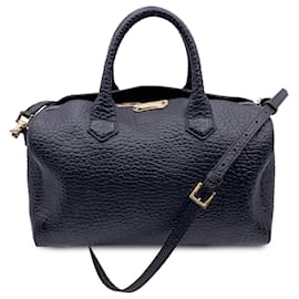 Burberry-Black Pebbled Leather Handbag Boston Bag with Strap-Black