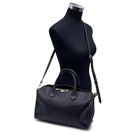 Burberry-Black Pebbled Leather Handbag Boston Bag with Strap-Black