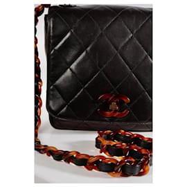 Chanel-Bolsa clássica de aba quadrada marrom escuro com corrente de tartaruga vintage Chanel 94/96 rara.-Castanho escuro