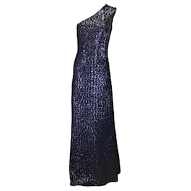 Autre Marque-Michael Kors Collection Navy Blue Sequined Stretch Tulle One-Shoulder Gown / formal dress-Blue