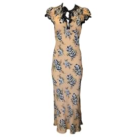 Autre Marque-Rodarte Peach / Black Lace Trimmed Floral Printed Silk Maxi Dress-Multiple colors