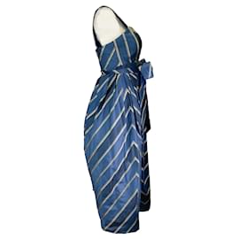 Autre Marque-Easton Pearson Teal / Black Striped Belted Silk Dress-Blue