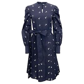 Autre Marque-Erdem Navy Blue Enya Dress with White Embroidery-Navy blue