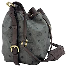 MCM-Bolso de hombro MCM Bucket Drawstring Bag en antracita con estampado de logo, tamaño mediano.-Gris antracita