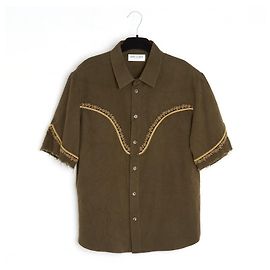Top Saint Laurent FR42 Camisa de Algodão Vintage Bordada Western US12 Caqui