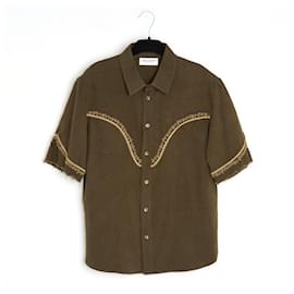 Saint Laurent-Saint Laurent Top FR42 Western Embroided Vintage Cotton Shirt US12-Khaki