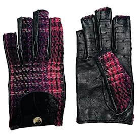 Chanel-Leather & Tweed Fingerless Gloves-Black,Pink,White,Purple