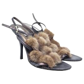 Autre Marque-Rabbit Fur Crystal Sandals-Brown