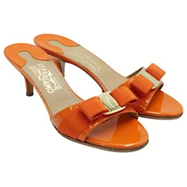 Salvatore Ferragamo-Orange Patent Leather Glory Mules-Orange
