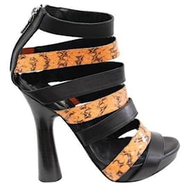 Autre Marque-Black Lather Sandals With Orange Patent Python Strapes-Black