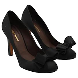 Autre Marque-Black Satin High Heels with Bow-Black