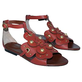 Autre Marque-Studded Flat Sandals with Flowers-Brown