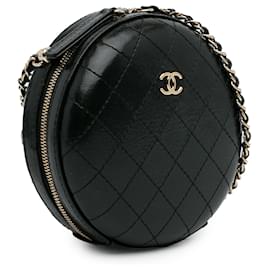 Chanel-Borsa a tracolla rotonda Chanel in pelle di vitello nera cucita-Nero